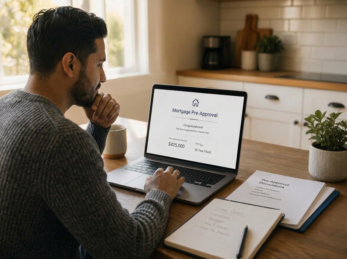 Buyer reviewing mortgage pre-approval paperwork at a kitchen table